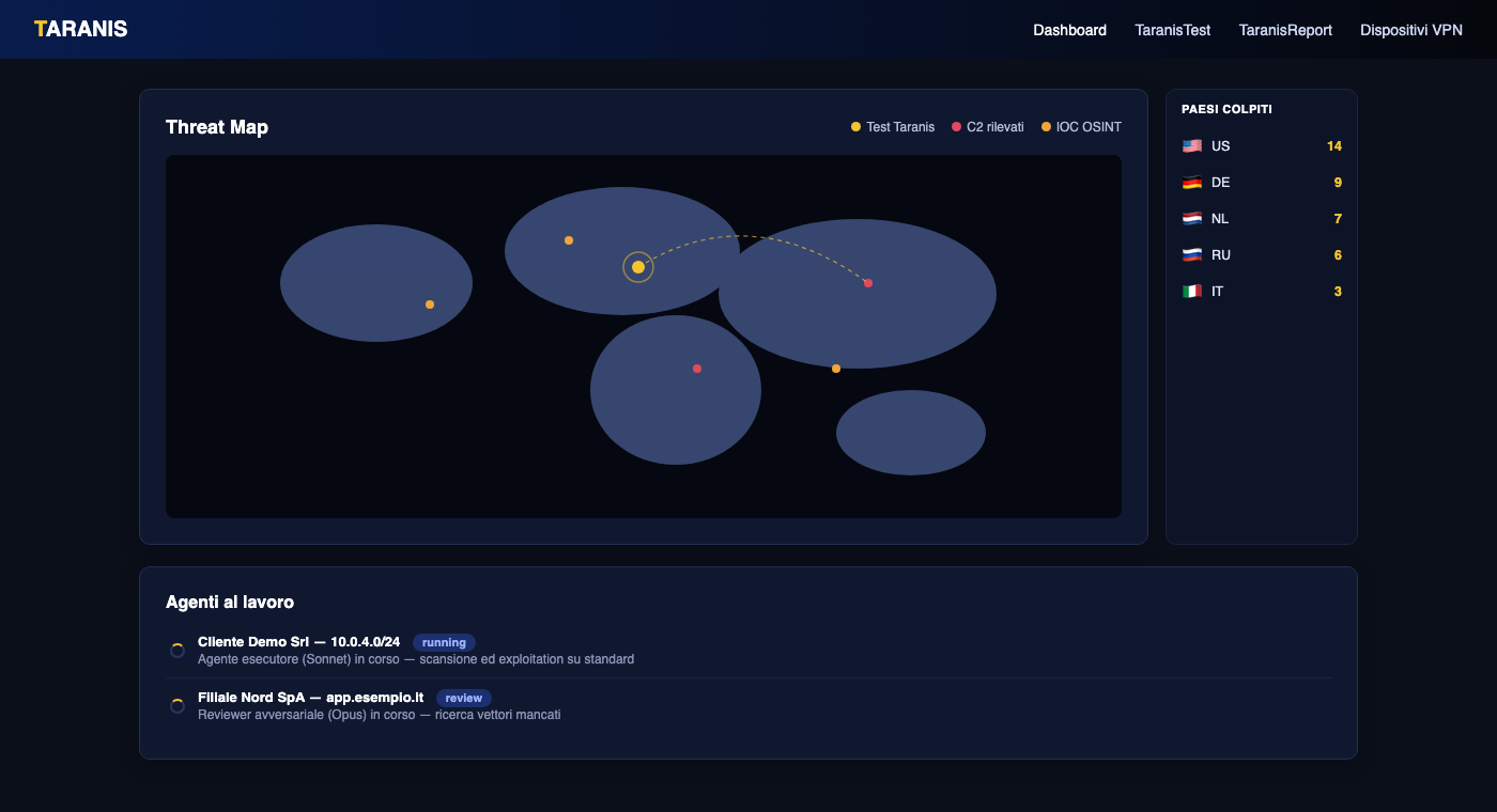 Dashboard dimostrativa Taranis con threat map e stato agenti (dati di esempio)